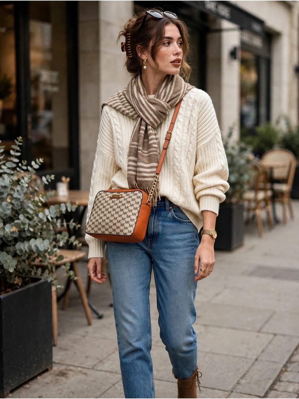 Michael Kors Brown Logo Crossbody with Tan Trim